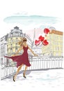 Design with the Eiffel tower and girls, flowers and hearts in romantic Paris.
